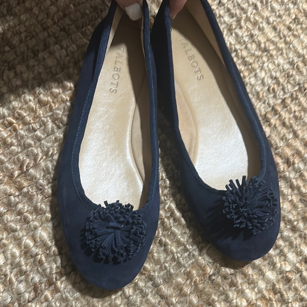 Talbots Navy Suede Pom Pom Ballet Flats